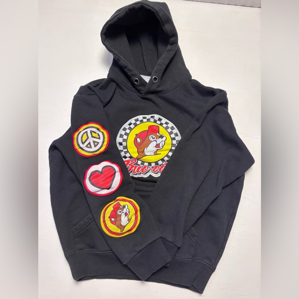 Buc-ee’s Kids Hoodie 8/10 Black Peace, Love & Buc-ees Patches Youth Large